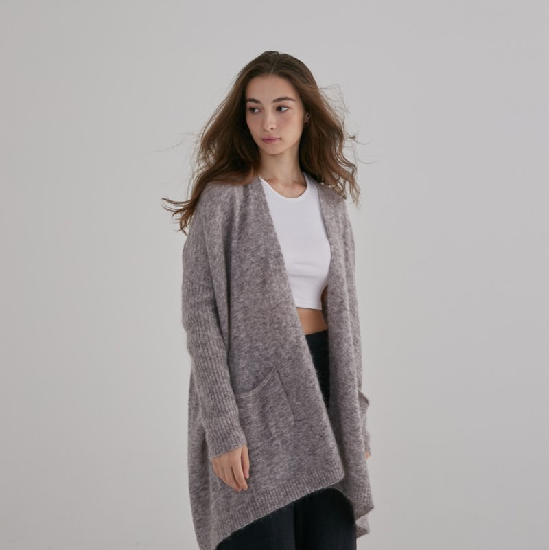 Long sleeve knitted jacket - Brown floral gray - Women's Sweaters - Wool Gray