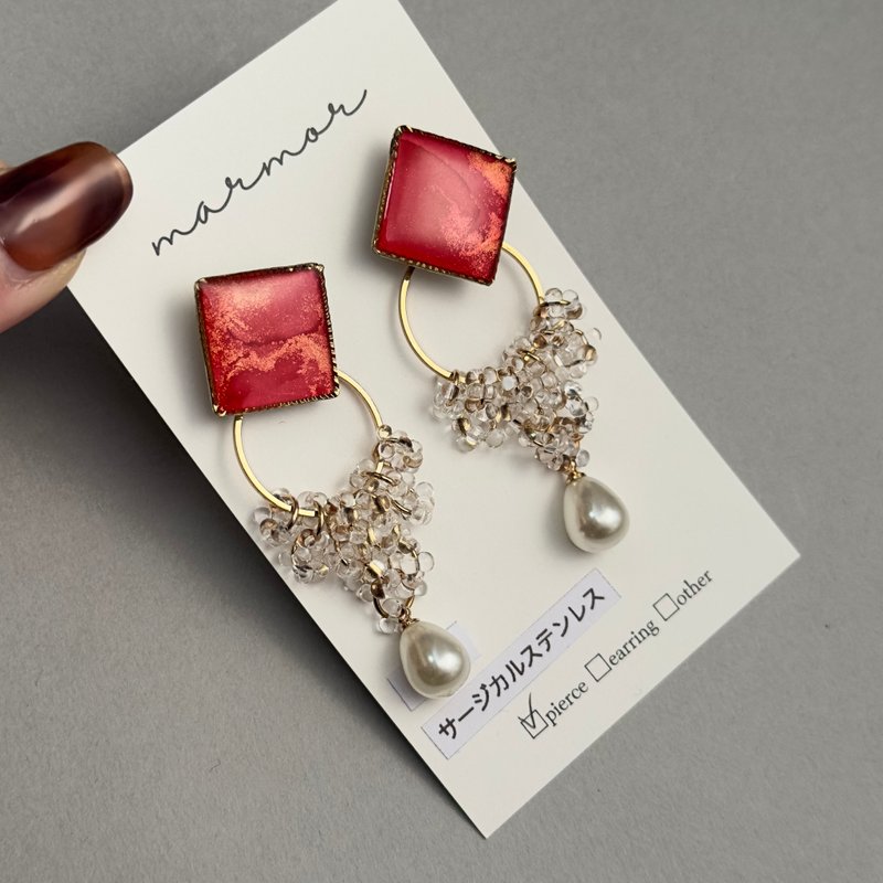 Pink Alcohol Ink Art 2way Surgical Stainless Earrings with Czech Glass Beads - ต่างหู - เรซิน สึชมพู