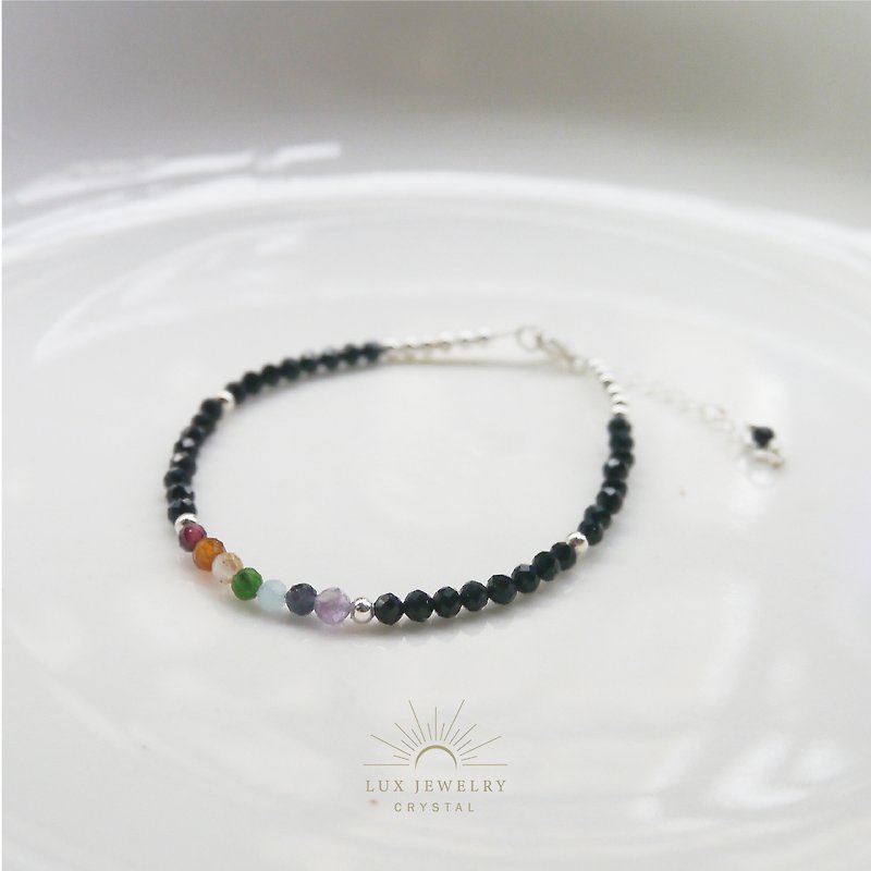 [Affirmative Response] 925 Silver Rainbow Multi-Color Natural Stone Thin Bracelet - Bracelets - Semi-Precious Stones Black