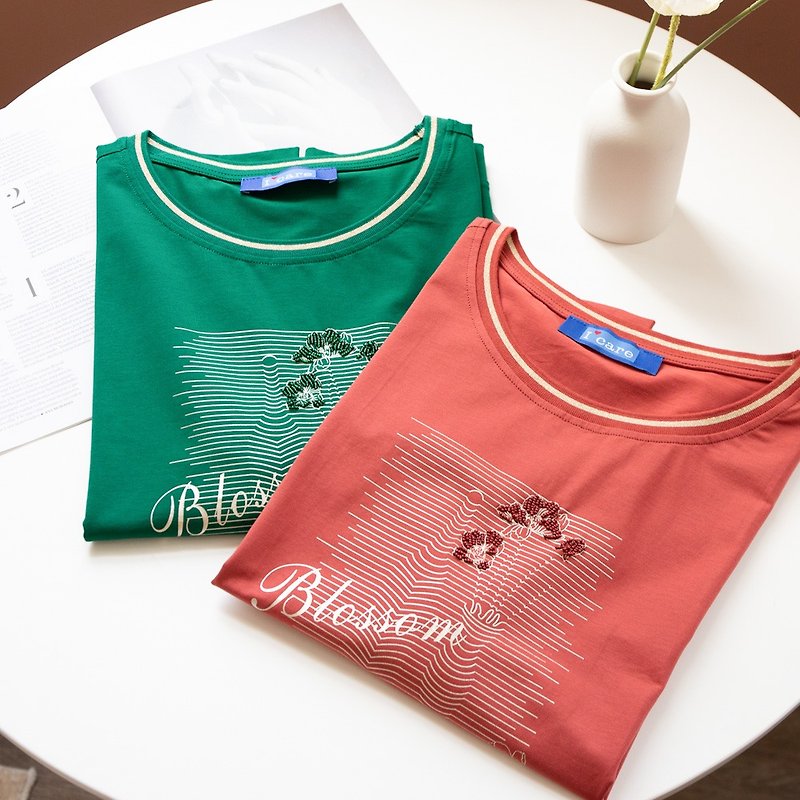 【MEDUSA】I'careブロンズビーズブロッサムTシャツ-2色（F）|レディーストップTシャツ - Tシャツ - コットン・麻 レッド