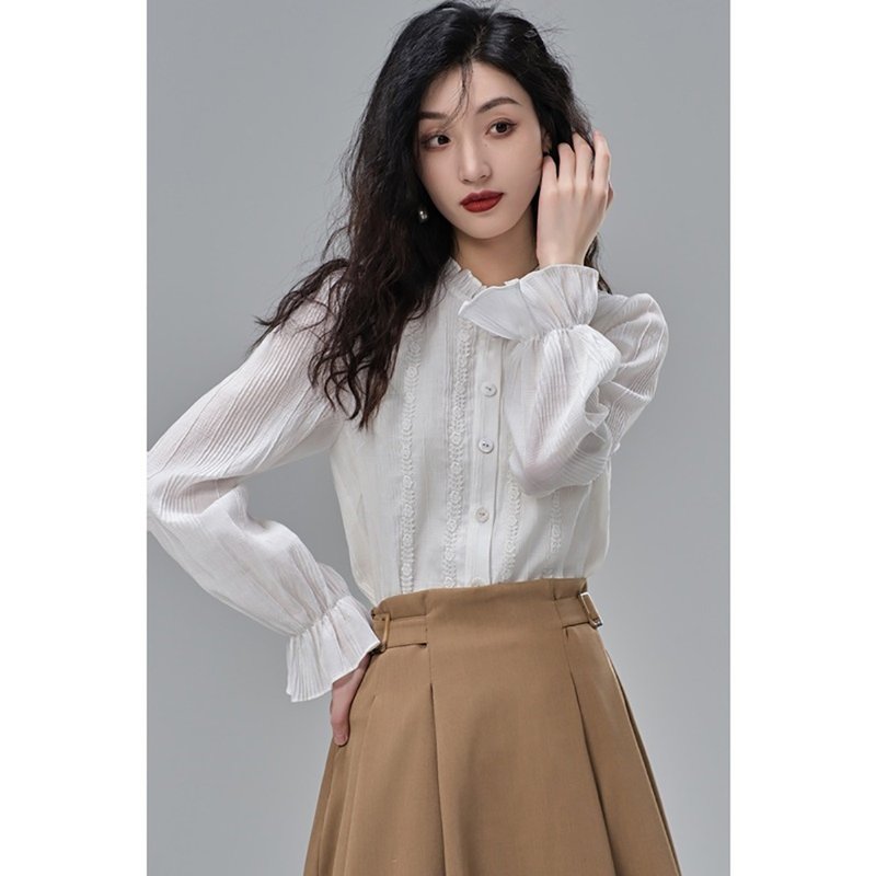 Breathable loose French elegant gentle lace stand-up collar white shirt autumn literary design long-sleeved top - เสื้อเชิ้ตผู้หญิง - เส้นใยสังเคราะห์ 