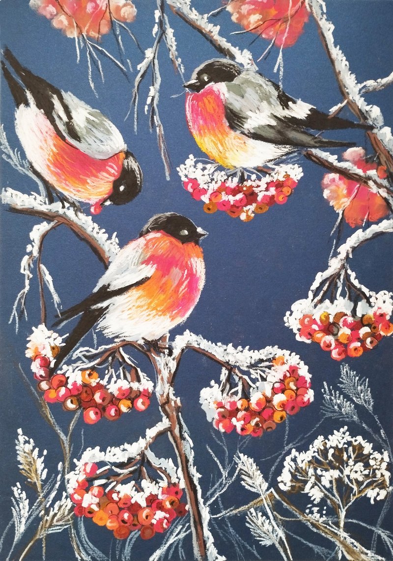 Painting Winter Birds bullfinches oil pastel art drawing animal painting graphic - 壁貼/牆壁裝飾 - 紙 
