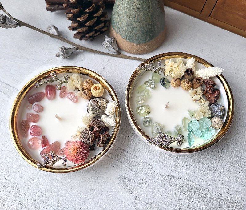 Package price - White Marble bowl Soywax Candle | Dried flower & Crystal - Candles & Candle Holders - Wax Multicolor