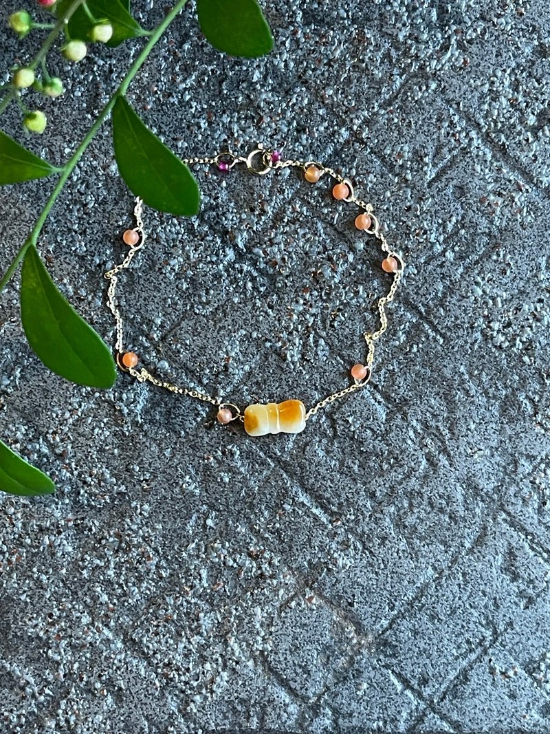 細手鍊 II 緬甸玉黃翡蝴蝶結X南紅 I 防敏包金保色鍊緬甸A貨翡翠 - 手鍊/手環 - 玉石 