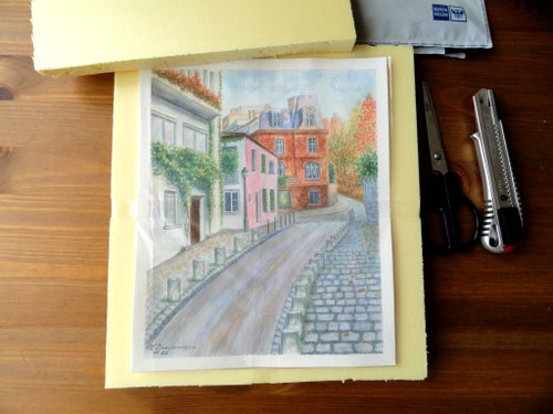 水彩画　風景画　パリ　ヴィンテージ 水彩 モンマルトル パリ 街並み　リトグラフ 絵画 風景画(街並み) フランス パリ モンマルトル インテリア