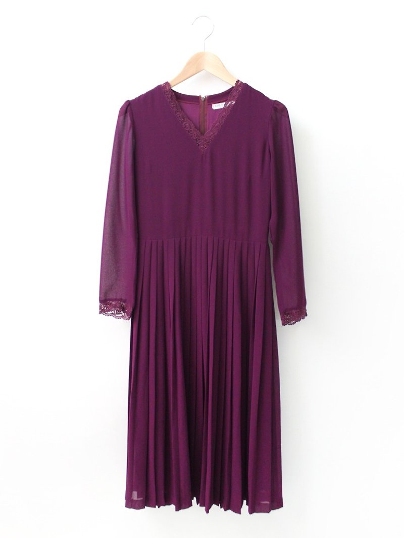 Vintage Dress日本製復古大人感典雅蕾絲紫色長袖古著洋裝 - 連身裙 - 聚酯纖維 紫色