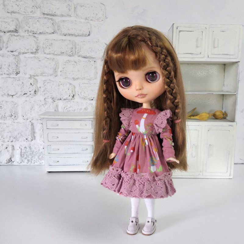 Blythe doll dress Red-brown dress with fly agarics Clothes doll Handmade dress - 公仔/玩偶 - 棉．麻 