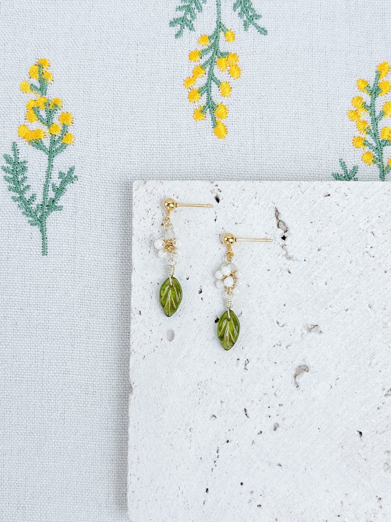 Japanese style beads-Spring Garden-Light Green Leaf Czech Bead Earrings - Earrings & Clip-ons - Glass White