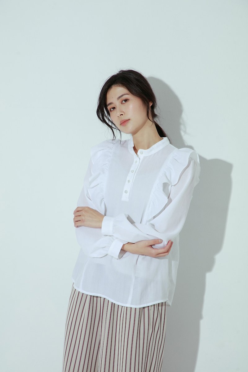 Polyester Women's Shirts White - Mengmeng Cardigan Long Sleeve Shirt - Perfect Object (White) / Work Shirt / Micro Formal
