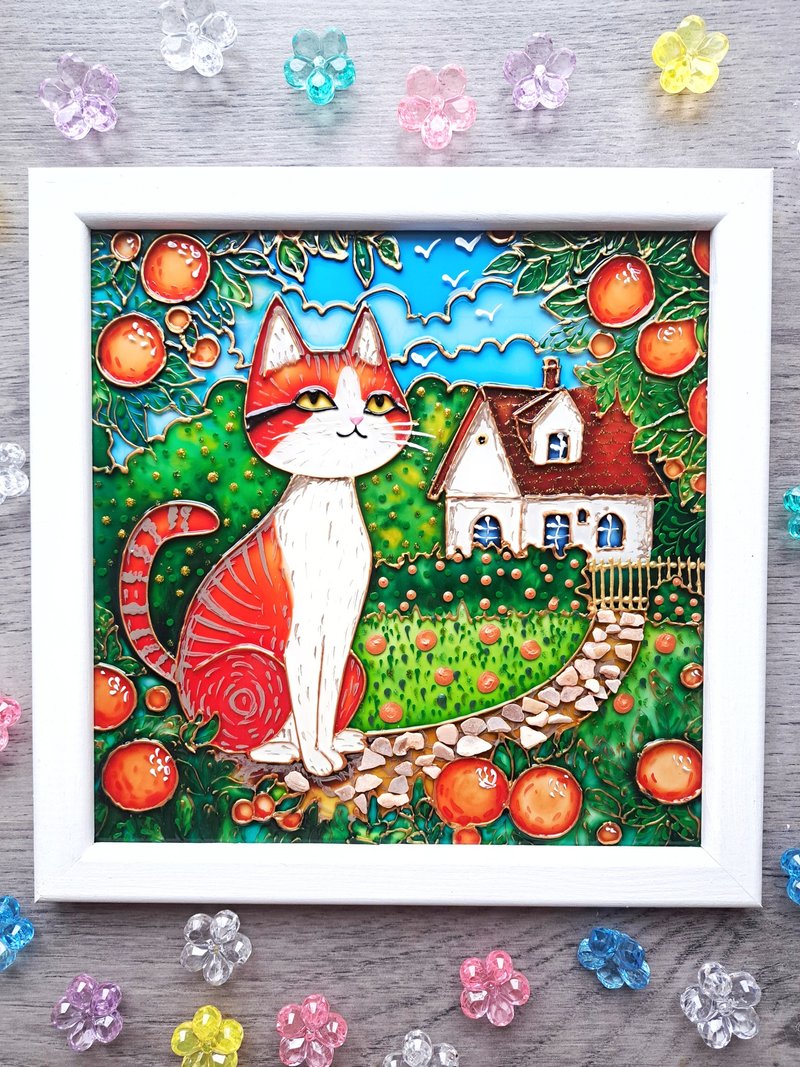 原画猫收集橘子儿童房墙挂艺术宠物情人礼物 - 壁貼/牆壁裝飾 - 玻璃 多色