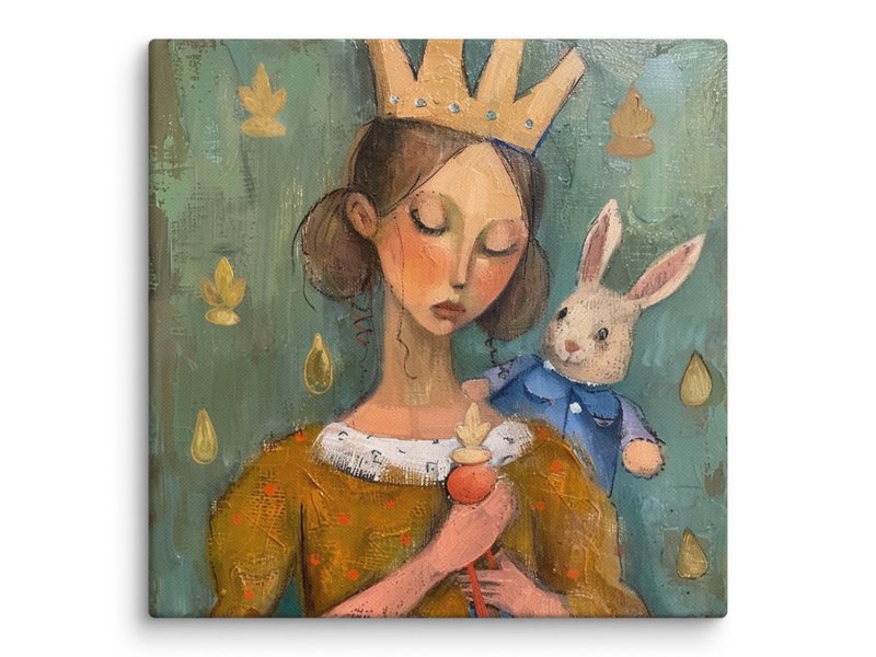 Princess Painting Girl With Plush Bunny Original Art On Canvas Naive Painting - 海報/掛畫/掛布 - 其他材質 多色