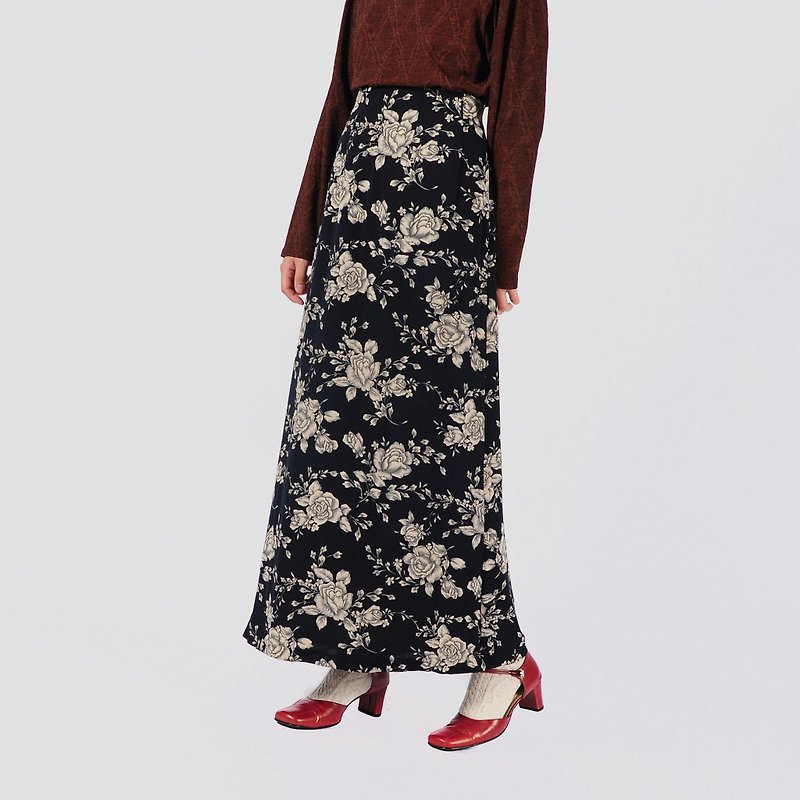 [Egg Plant Vintage] Rose Impression High Waist Printed Vintage Long Dress - Skirts - Polyester 