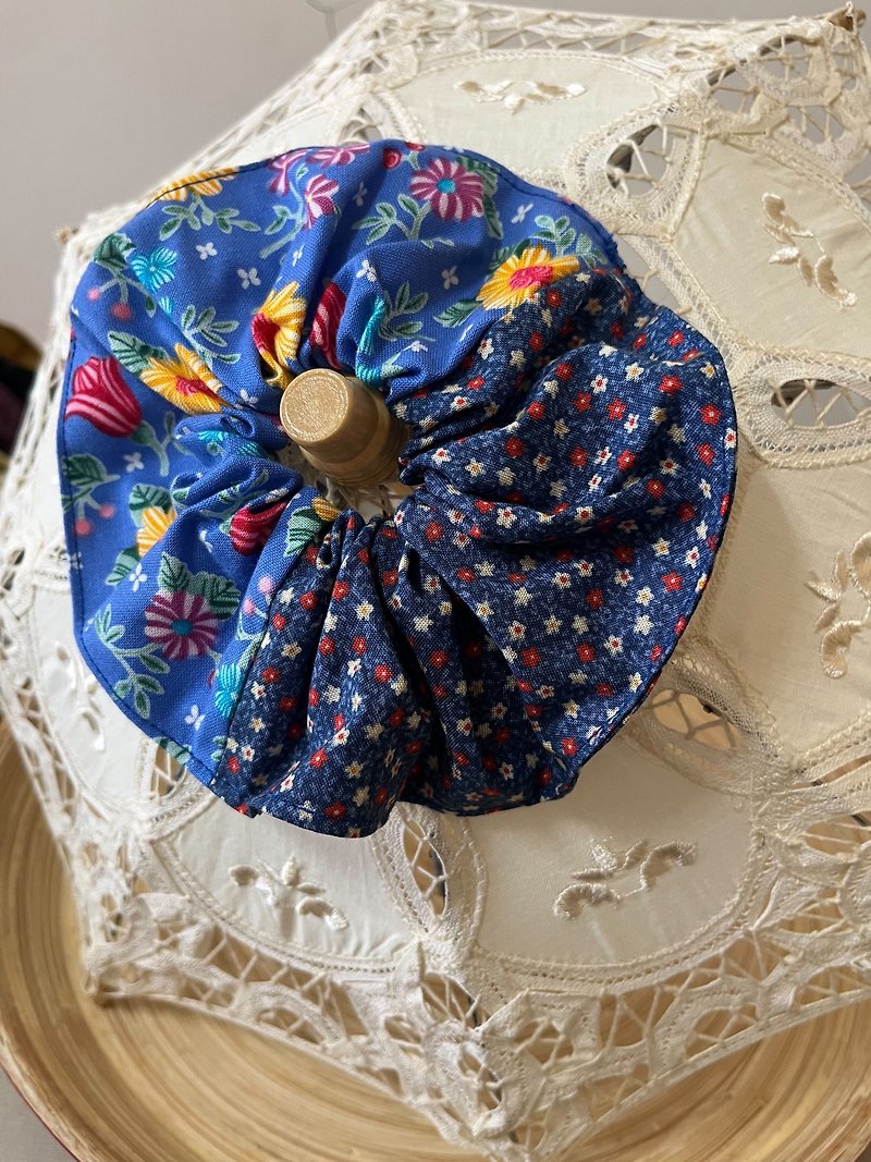 Beach/Two-Color Scrunchie Bundle/American Printed Fabric - Headbands - Cotton & Hemp Blue