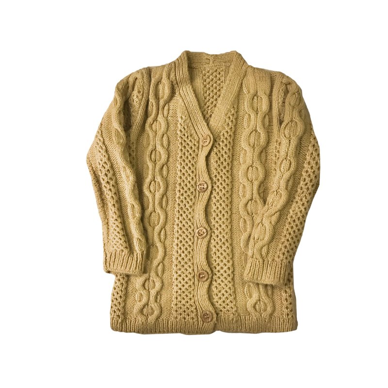 • 愛頭牌 •Aran Sweater 愛爾蘭漁夫毛衣開襟外套 - 女毛衣/針織衫 - 羊毛 卡其色