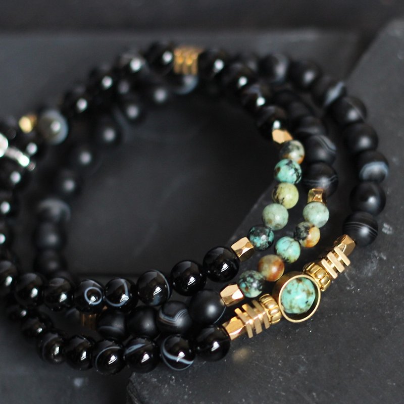 Emperor II. Natural mineral three-strand rosary, black agate, African turquoise, spiritual quenching and perseverance. - Bracelets - Gemstone Black