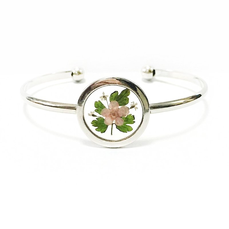 Silver Framed Pressed Flower Bangle - Bracelets - Other Metals Pink
