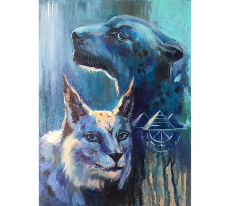 Animal cats original Painting on canvas fairy tale Art Fairycore - 壁貼/牆壁裝飾 - 其他材質 藍色