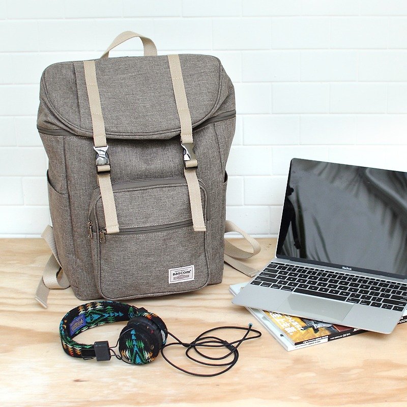 Double buckle large capacity backpack(14''laptop OK)-light brown_100398 - กระเป๋าเป้สะพายหลัง - ผ้าฝ้าย/ผ้าลินิน สีกากี