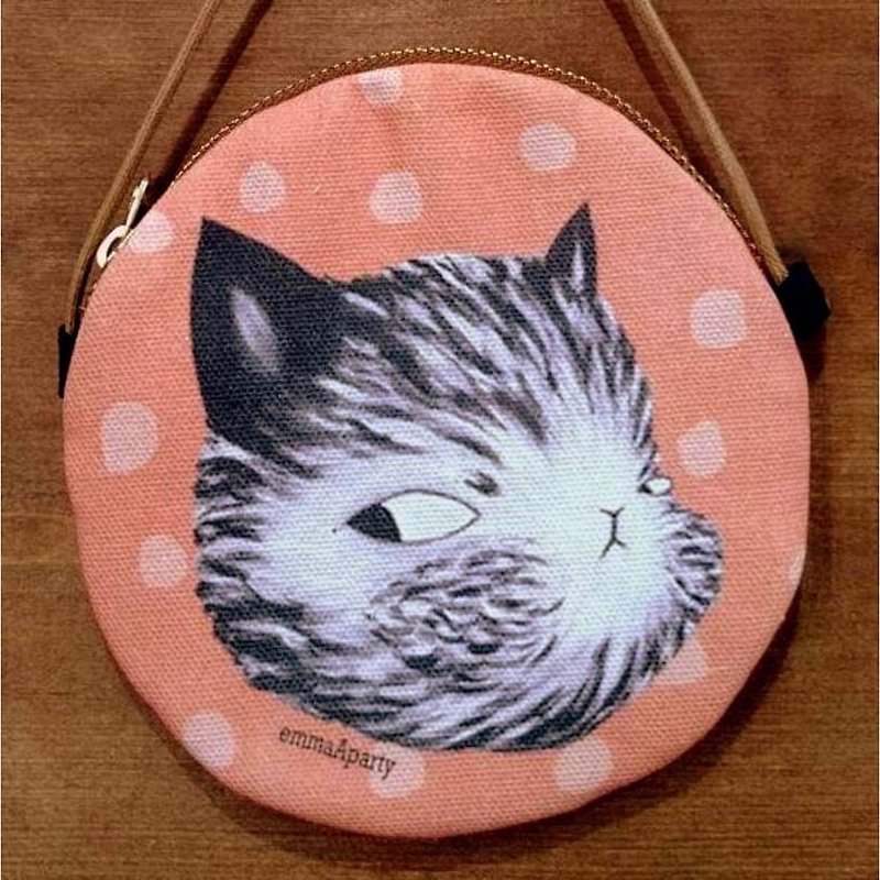 emmaAparty illustration small round bag: mochi cat - กระเป๋าใส่เหรียญ - ผ้าฝ้าย/ผ้าลินิน สีส้ม