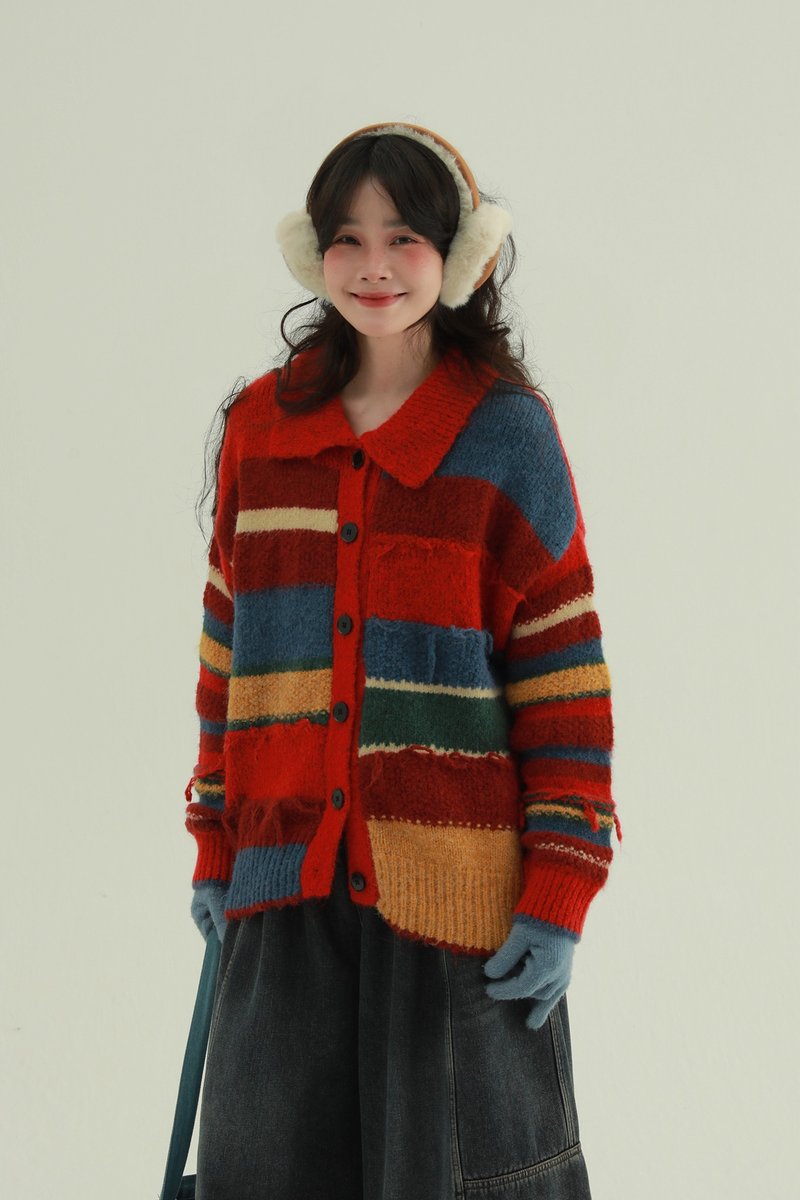紅色 復古調色盤 彩虹拼接布條毛衣 撞色條紋百搭針織上衣 - 女毛衣/針織衫 - 其他人造纖維 紅色