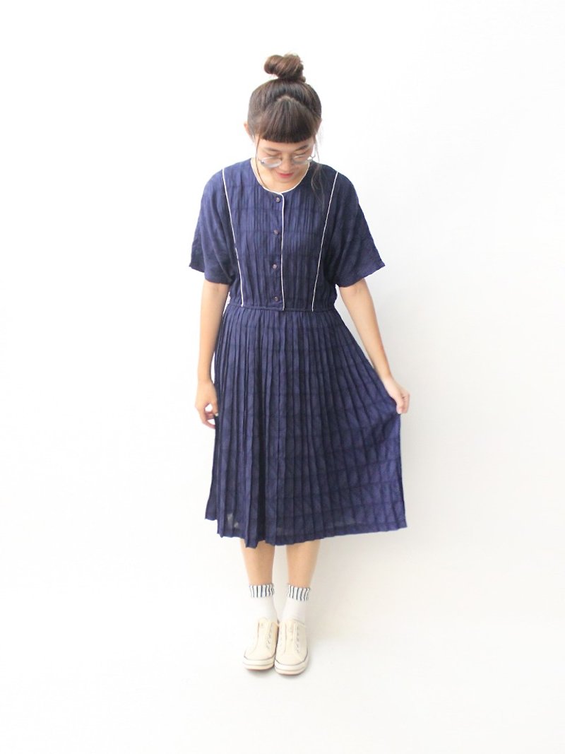 【RE0809D1382】 summer Japanese system retro simple dark blue short-sleeved loose ancient dress - One Piece Dresses - Polyester Blue