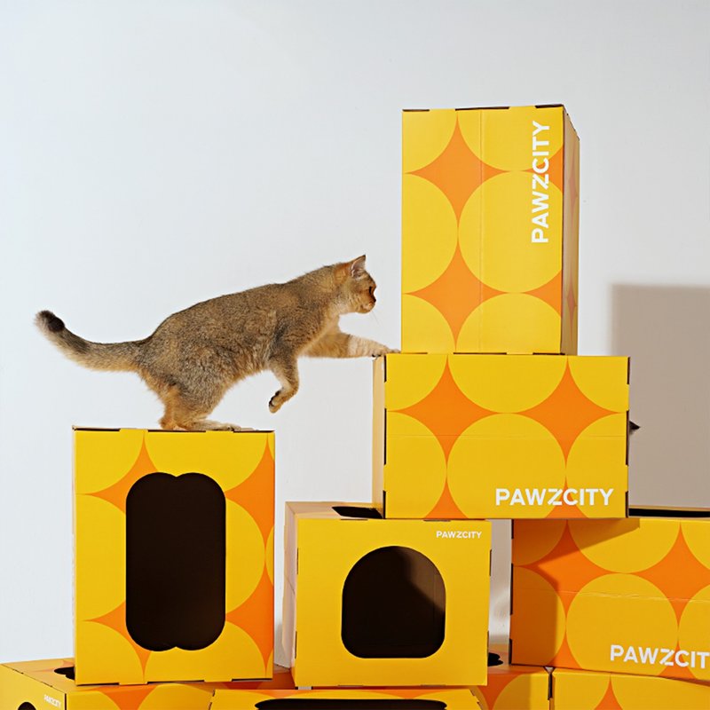 Geometric cat scratching board retro illustration multifunctional cat litter yellow geometric pattern - อุปกรณ์แมว - กระดาษ 