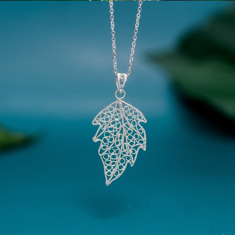 Leaf Pattern Necklace Handmade Silver Filigree AG999 | Jewelry Art Studio - Necklaces - Silver Silver