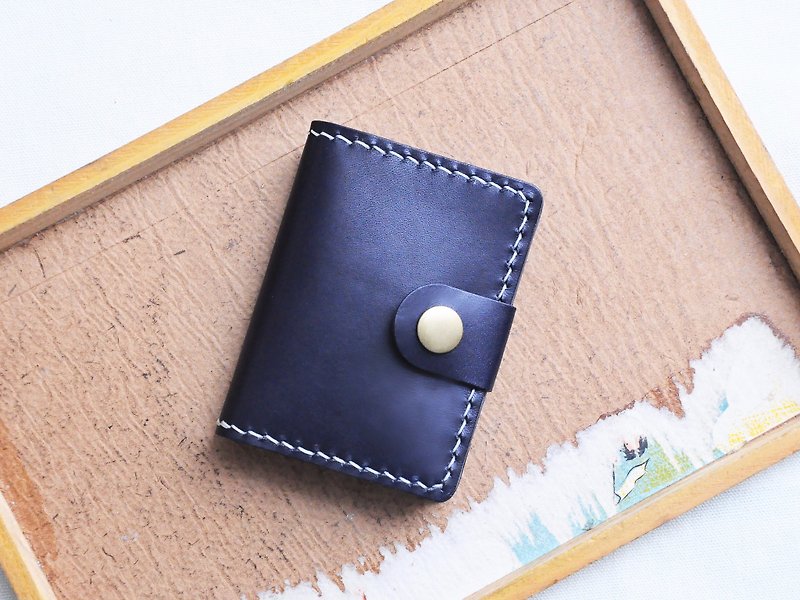 Genuine Leather Leather Goods Blue - Fold in half, 3 card slots, 1 organ slot, business card holder, blue NAVY, leather material bag, card holder, card holder