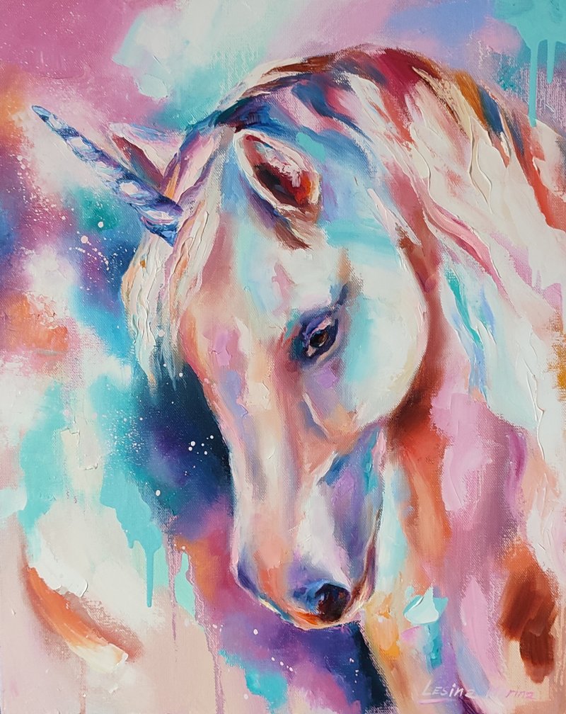 Unicorn Painting Rainbow Unicorn Original Art Horse Nursery Wall Art Animal Art - 壁貼/牆壁裝飾 - 其他材質 粉紅色
