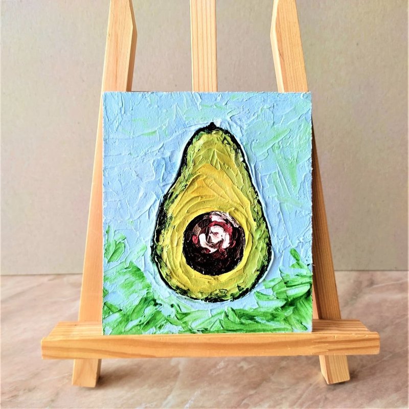 Mini painting avocado Still life painting acrylic framed art Vegetable art - 壁貼/牆壁裝飾 - 壓克力 綠色