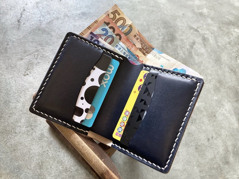 Fold in half 6 card slot short clip, well sewn leather material bag wallet Italian vegetable tanned DIY short wallet - Leather Goods - Genuine Leather Blue