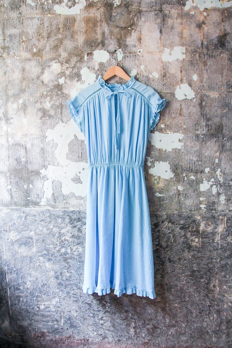 袅袅 department store -Vintage elegant blue lotus leaf collar short-sleeved dress retro - ชุดเดรส - ผ้าฝ้าย/ผ้าลินิน 