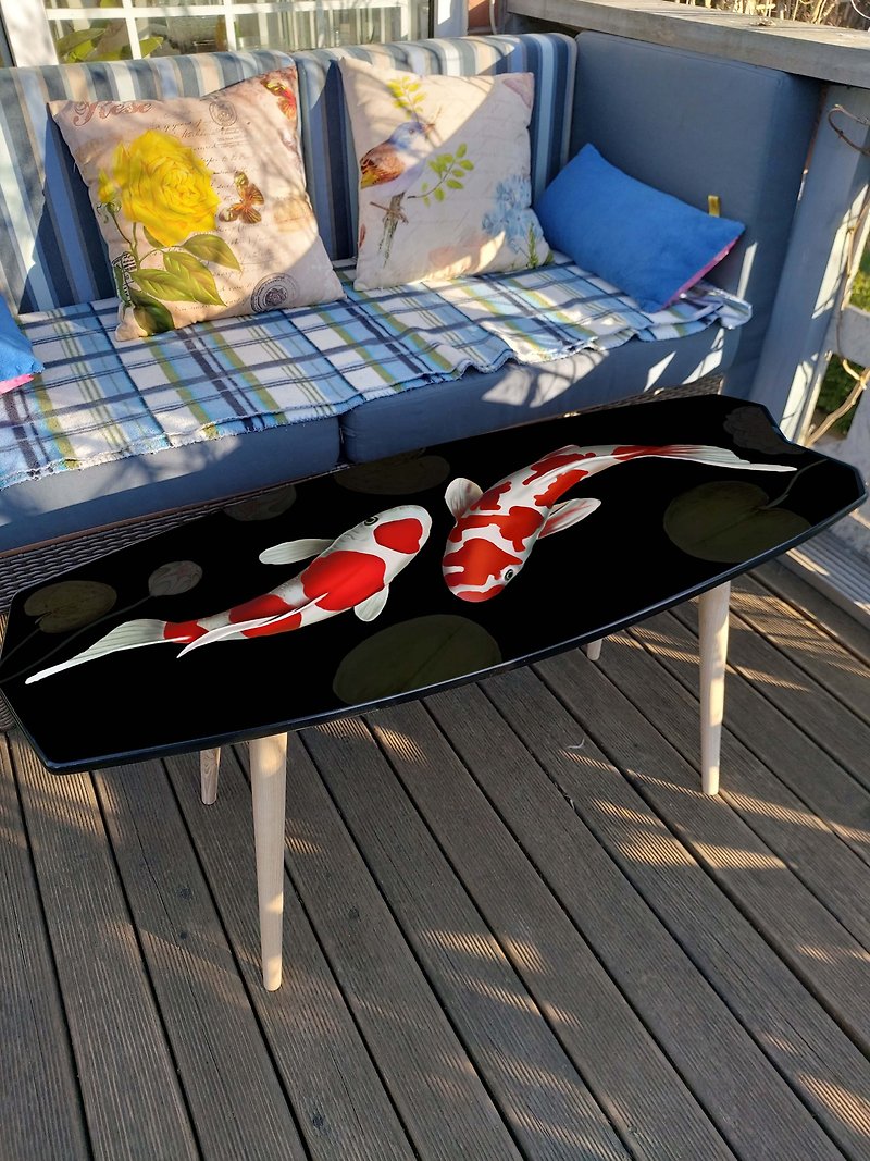Wood Dining Tables & Desks - Surfboard Shaped Wooden Black Coffee Table with Koi Fish Japan Style Design