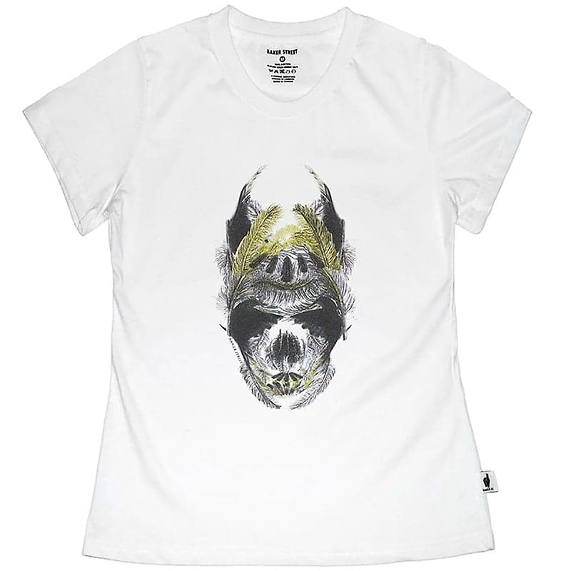 British Fashion Brand -Baker Street- Golden Feather Skull Printed T-shirt - เสื้อยืดผู้หญิง - ผ้าฝ้าย/ผ้าลินิน ขาว