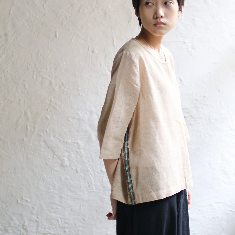 Omake Remake Inner Embroidery Ribbon Marijuana Sleeve Top Sleeve - Women's Tops - Cotton & Hemp Khaki