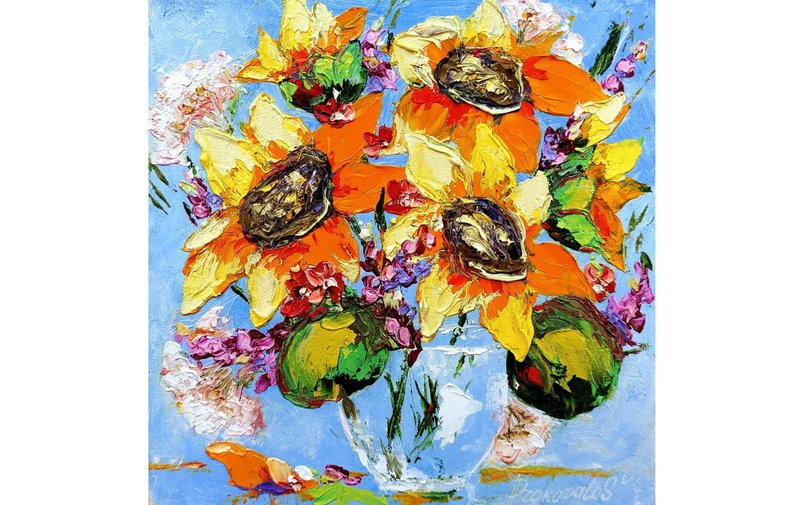 Sunflower Painting Original Art oil painting Floral Sunflowers Artwork 8x8 - 壁貼/牆壁裝飾 - 其他材質 黃色