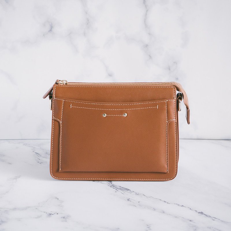 Fashion all-match leather cross-body bag X-224 Brown - กระเป๋าแมสเซนเจอร์ - หนังแท้ สีส้ม