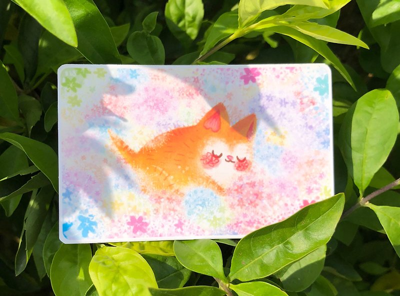貓咪繡球花田－插畫防水票卡貼 - 貼紙 - 防水材質 橘色