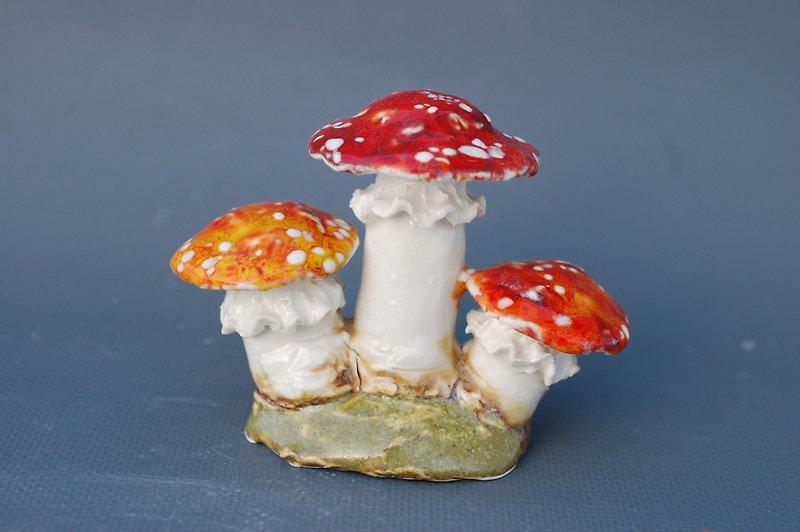 Porcelain Items for Display Multicolor - Triple Fly agarics figurine Magic mushrooms Handmade ceramic figurine