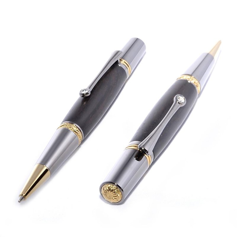 Handmade Wooden Ballpoint Twist Pen Swarovski crystal Blackwood Gold Titanium - ปากกา - ไม้ สีดำ