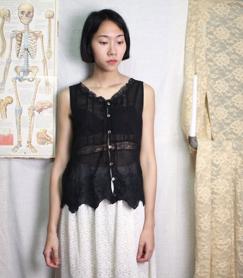 FOAK vintage classic black floral embroidery skin vest - เสื้อกั๊กผู้หญิง - ผ้าฝ้าย/ผ้าลินิน สีดำ