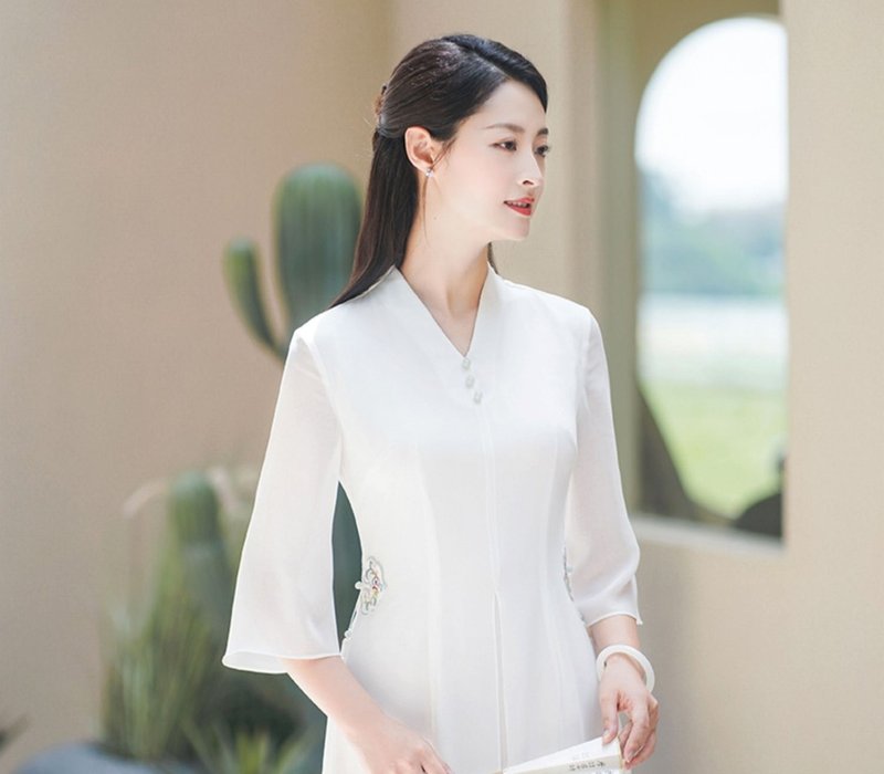 New Chinese style Chinese style improved Hanfu white fairy Zen cheongsam Tang suit dress dress - ชุดเดรส - วัสดุอื่นๆ ขาว