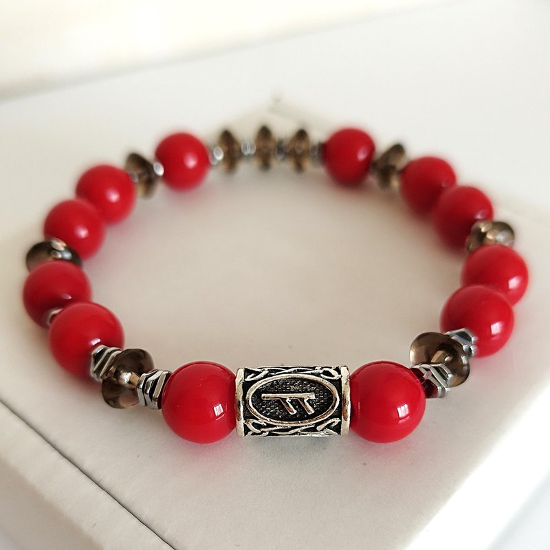 Jewelry bracelet with coral and smoky quartz Amulet with the Fehu rune - 手鍊/手環 - 半寶石 多色
