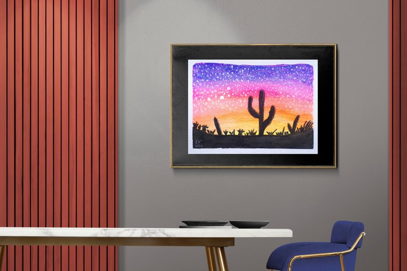 Cacti  Night  Watercolor Painting,  Original Artwork  on Watercolor Paper - Wall Décor - Paper Multicolor