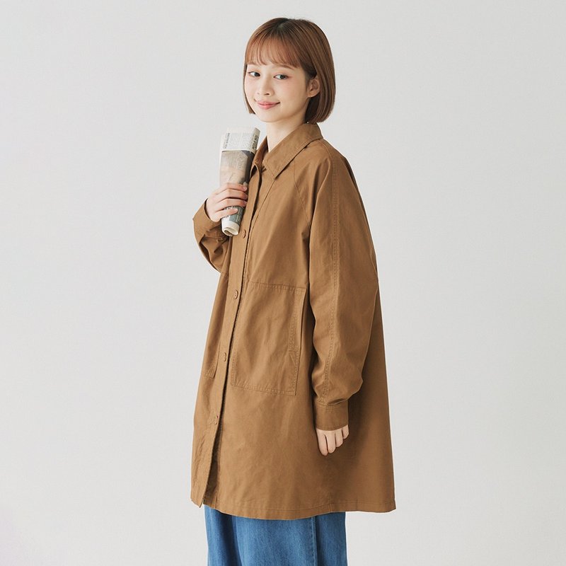 【Simply Yours】Mid-Length Trench Coat - Coffee (One Size) - เสื้อแจ็คเก็ต - ผ้าฝ้าย/ผ้าลินิน สีนำ้ตาล