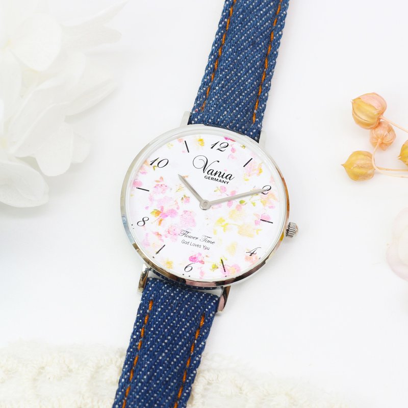 Lady Watch with flower oil painting, Stainless steel case with Japan movement - Women's Watches - Stainless Steel Blue