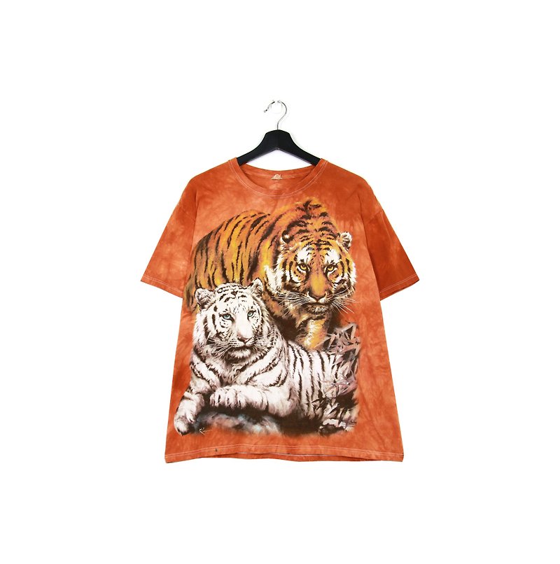 Back to Green: Hand-dyed orange tiger men and women can wear vintage t-shirt - เสื้อยืดผู้ชาย - ผ้าฝ้าย/ผ้าลินิน 