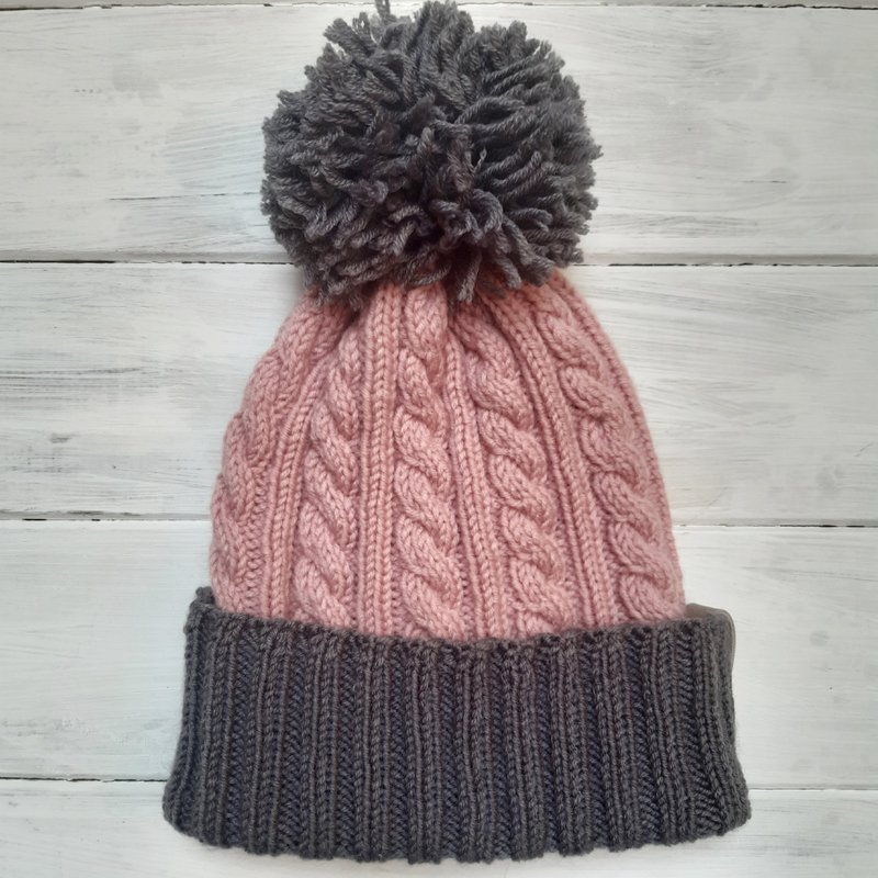Hand Knit Warm Women Pink Gray Hat Fall Winter Handmade - 帽子 - 羊毛 粉紅色