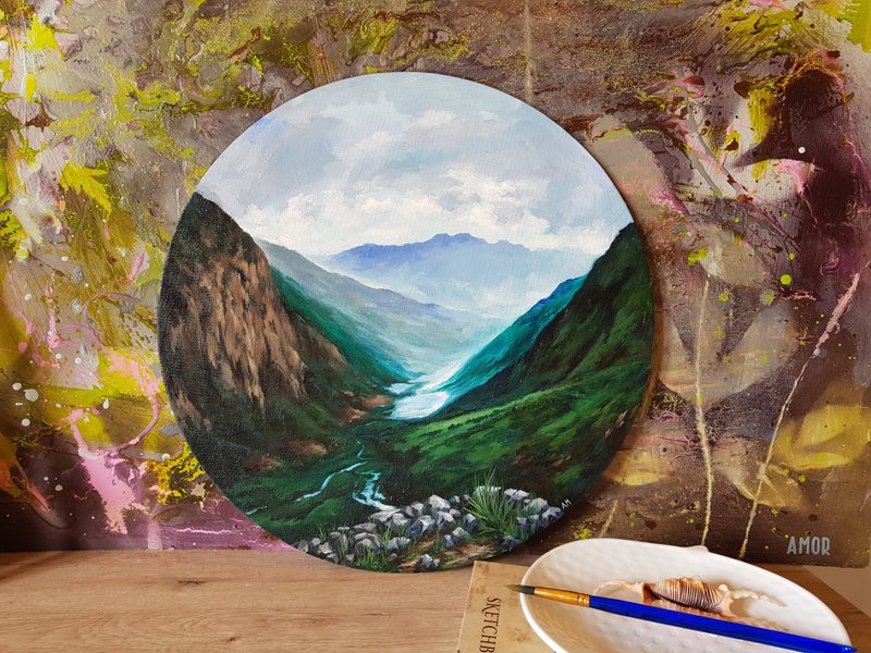 Original cute Mountain Landscape artwork hand painted oil painting - 壁貼/牆壁裝飾 - 其他材質 