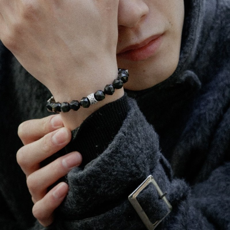 Men's Beaded Bracelet with Engraved Runes and Golden Obsidian - Bracelets - Crystal Green